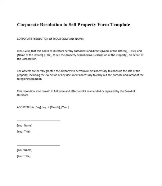 Corporate Resolution to Sell Property Form Template 522 600