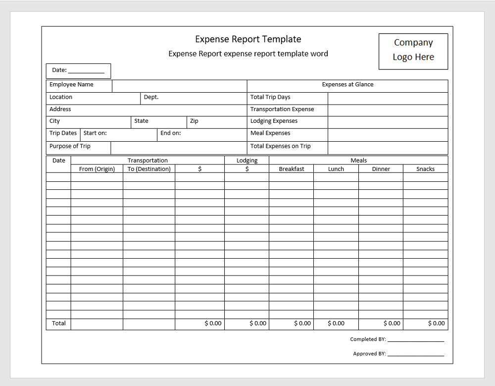 Expense report template word