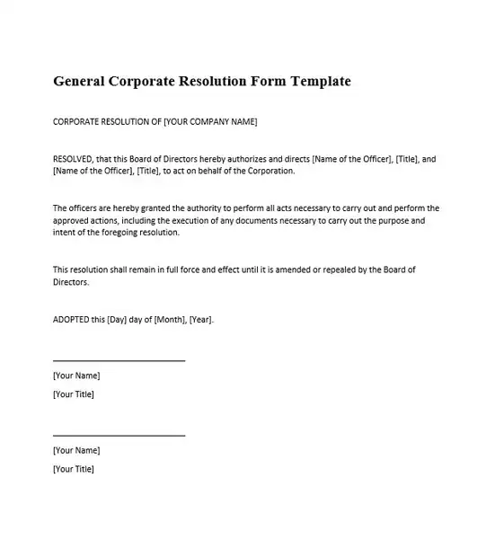 General Corporate Resolution Form Template 541 600