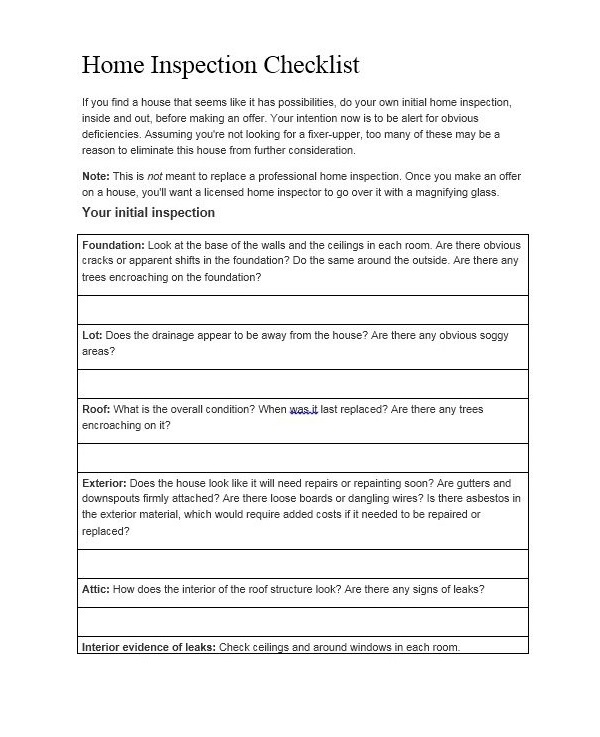 Home Inspection Checklist Word Home Inspection Checklist Word