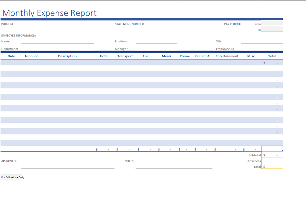 Monthly expense report template