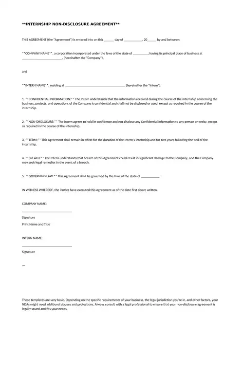 Non disclosure agreement template internship 497 768