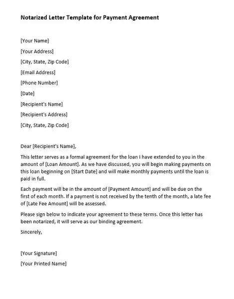 Notarized Letter Template for Payment Agreement 470 600