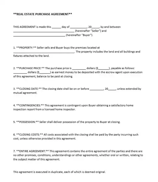 Real Estate Purchase Agreement Template result