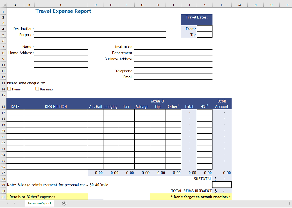 Travel expense report template excel