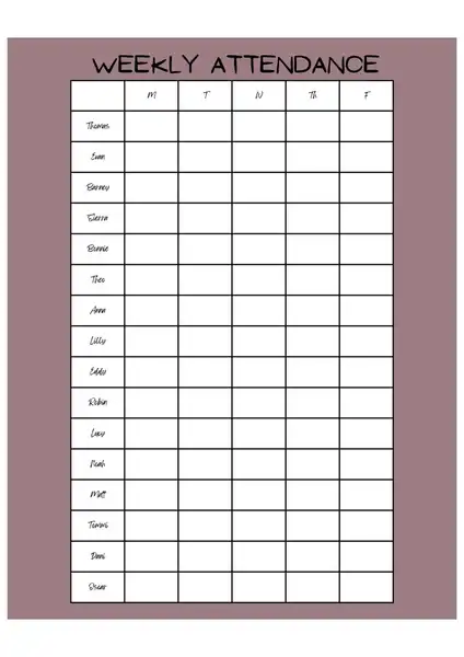 Weekly attendance sheet template 424 600