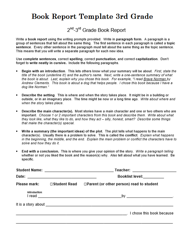 book report template 3rd grade