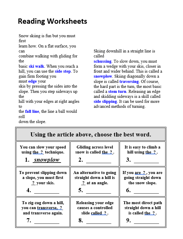 reading worksheets 6th grade