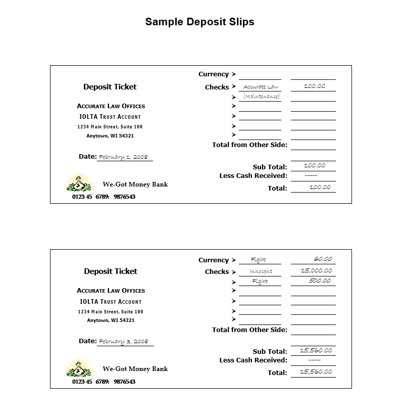 sample deposit slips