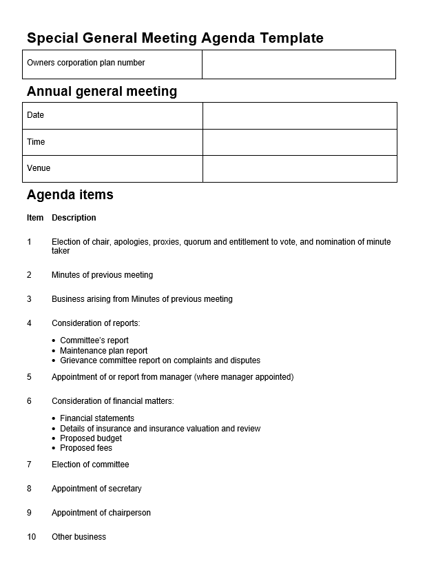 special general meeting agenda template