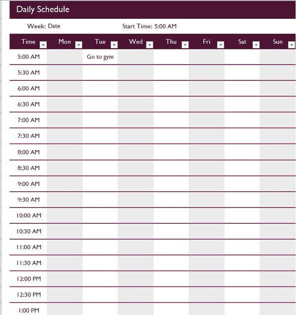 Daily schedule template free