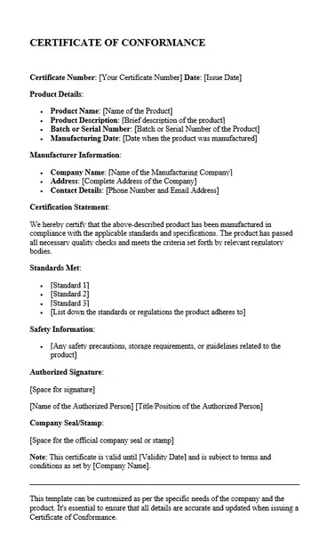 Free Certificate of Conformance Template