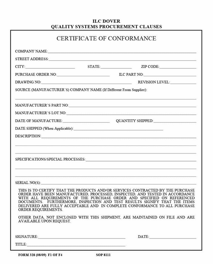 Certificates of Conformance Form