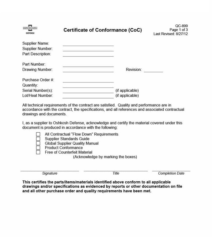 Certificate of Conformance Samples