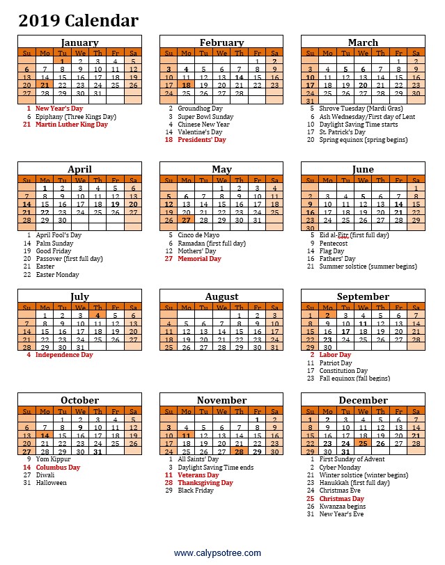 2019 calendar with holidays 2019 calendar with holidays