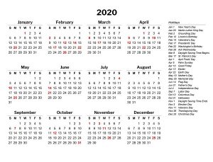 2020 calendar template with holidays