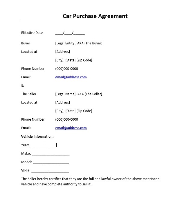 Car Purchase Agreement Word