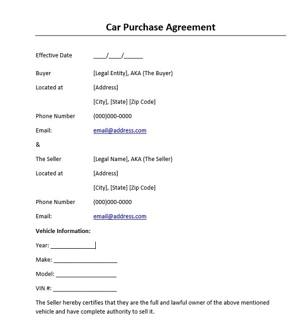 Car Purchase Agreement Word Car Purchase Agreement Word