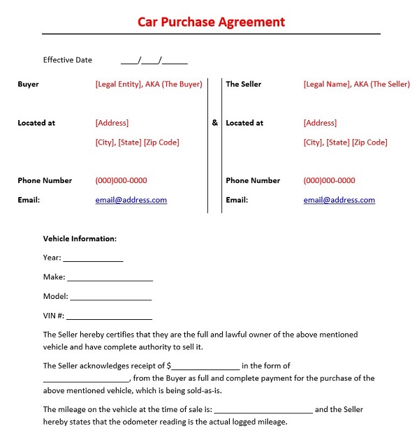 Car Purchase Agreement Car Purchase Agreement