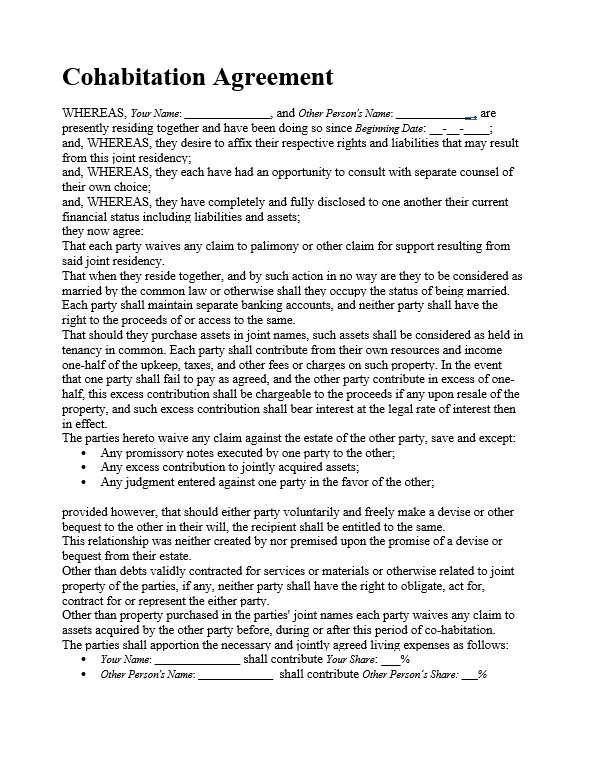 Example of Cohabitation Agreement Template