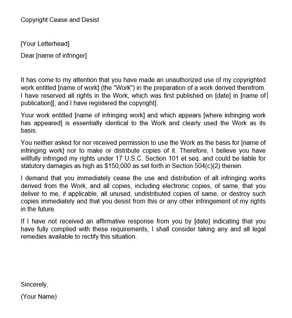Copyright Cease And Desist Letter Template Free