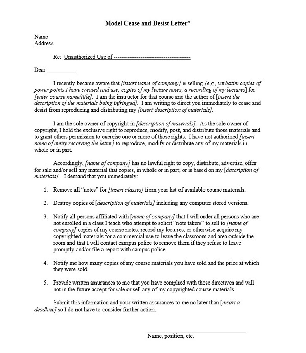 Model Cease And Desist Letter Template Free