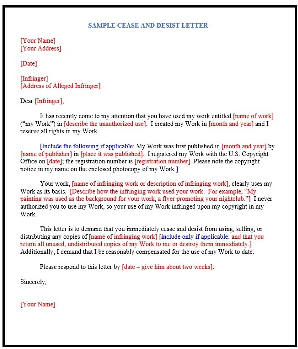 Sample Cease And Desist Letter Template Free