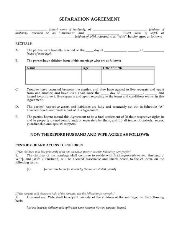 Separation Agreement Template Canada