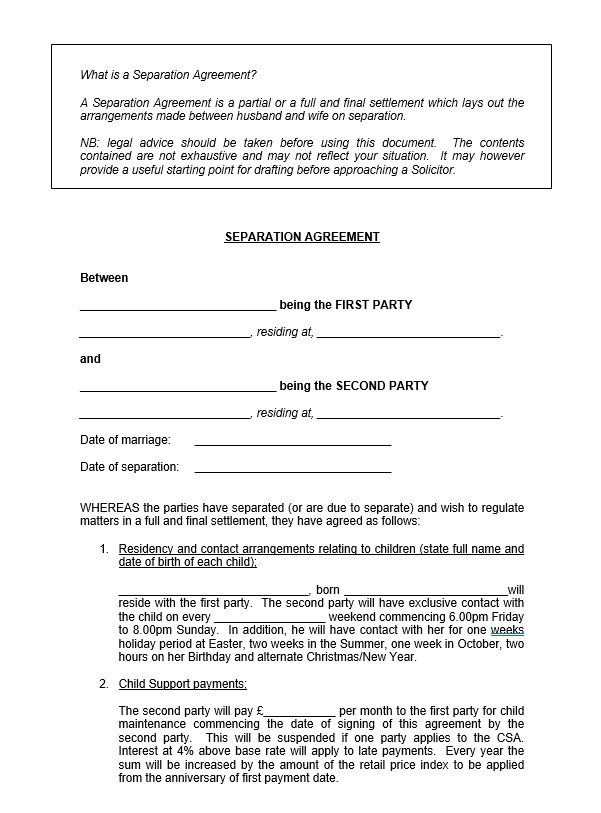 8 Free Separation Agreement Template Calypso Tree