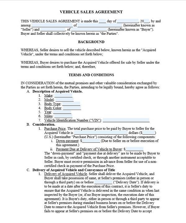 Vehicle Purchase Agreement Template Vehicle Purchase Agreement Template