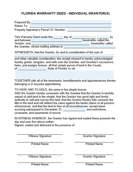 Warranty Deed Form Florida