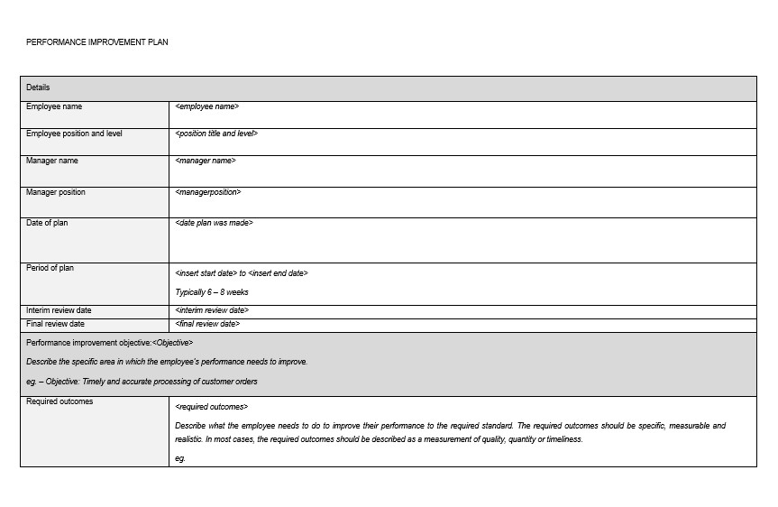 employee performance improvement plan template excel