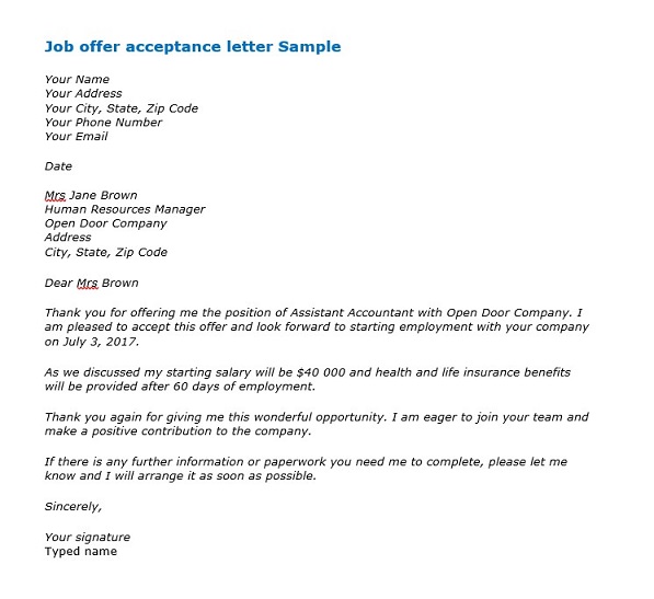 job offer acceptance letter sample
