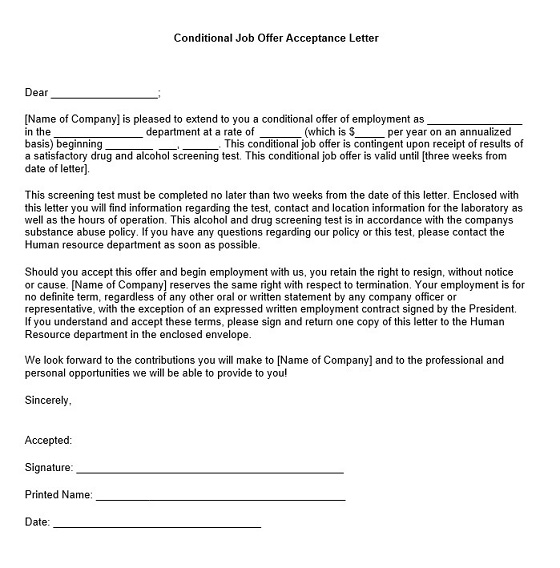 job offer acceptance letter with conditions