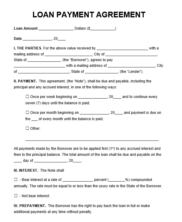 loan payment agreement - payment agreement template word