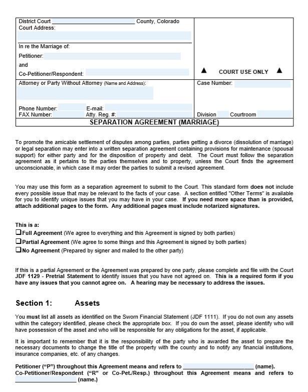 marriage separation agreement template