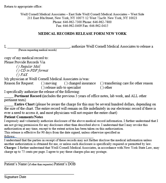 medical records release form ny