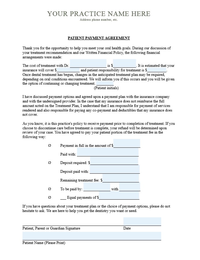 patient payment agreement form - payment agreement template word