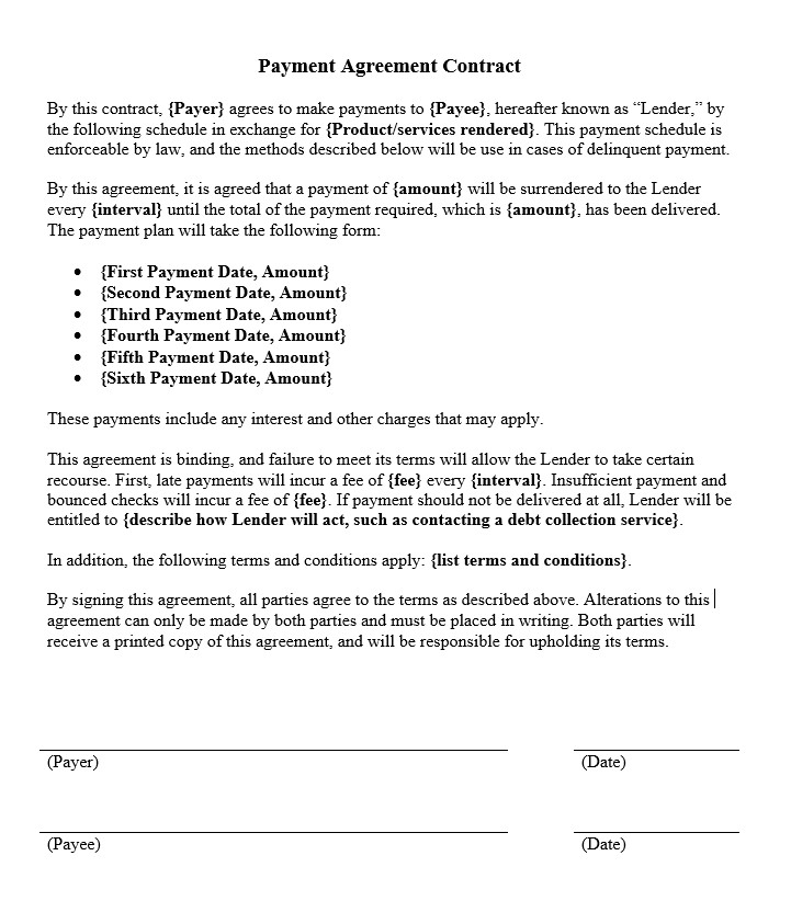 payment agreement contract - payment agreement template word