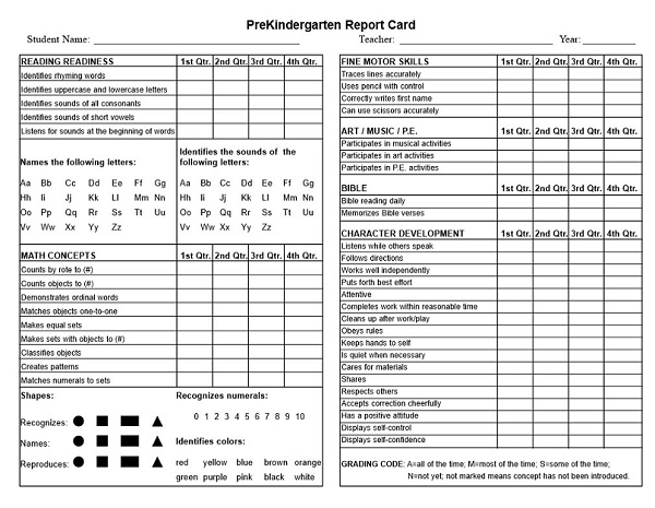 preschool report card template