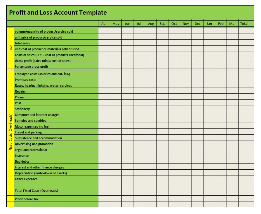 profit and loss account template