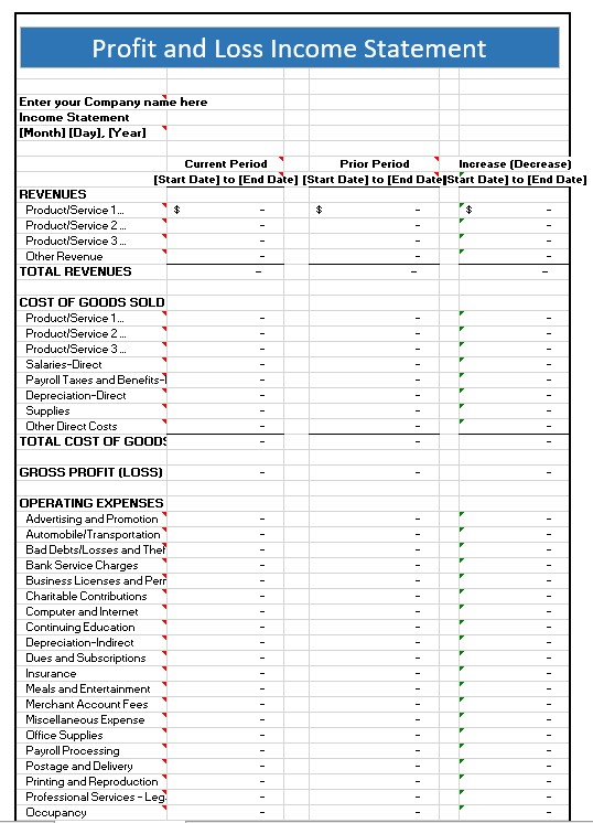 profit and loss statement template free download