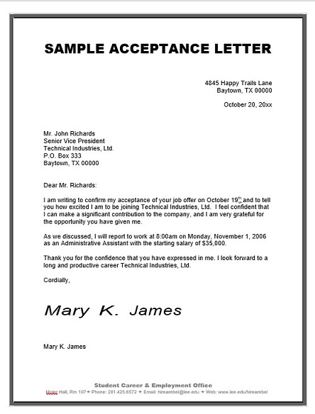 sample acceptance letter