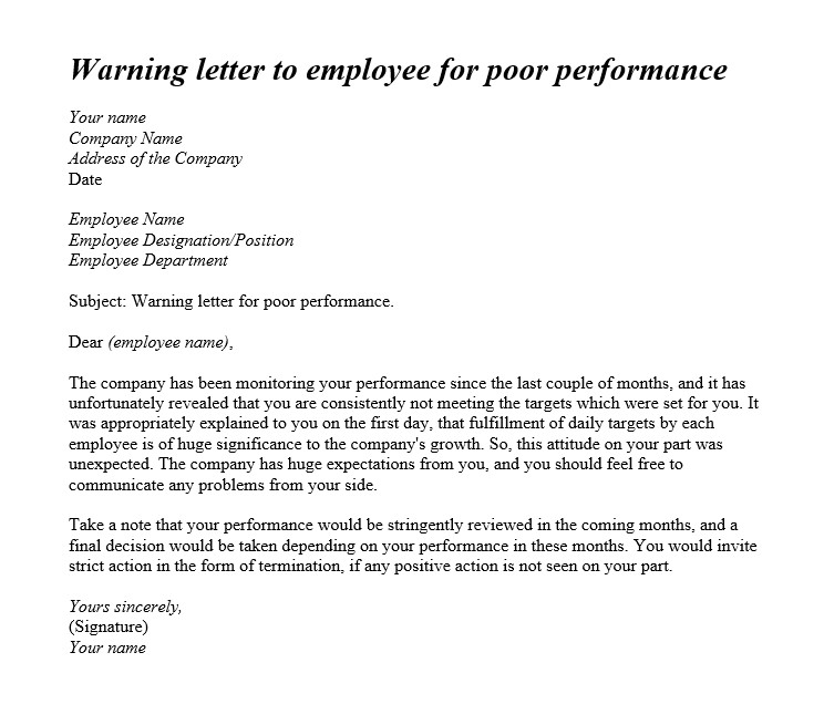 warning letter to employee for poor performance