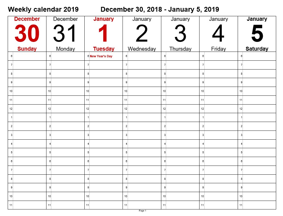 weekly calendar template 2019