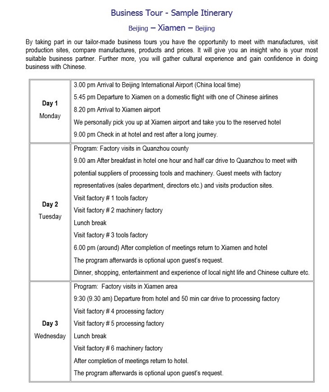 Business Itinerary Template