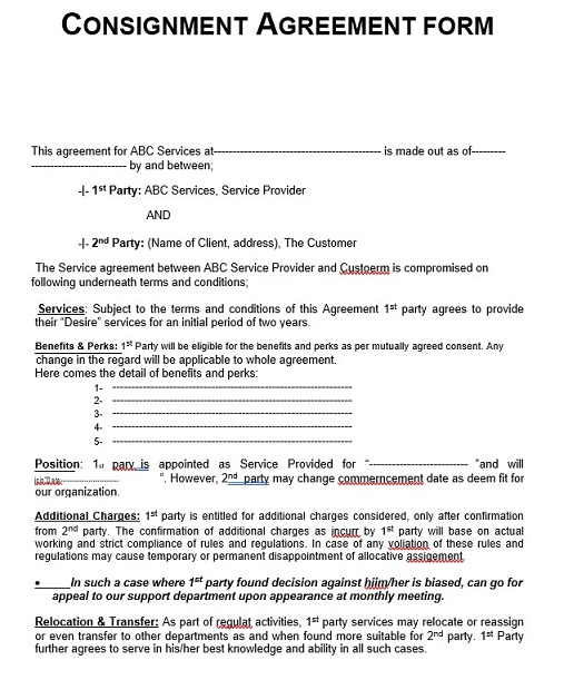 Consignment agreement form