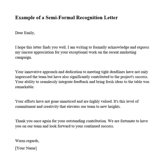 Recognition Letter Example - Example of a Semi Formal Recognition Letter