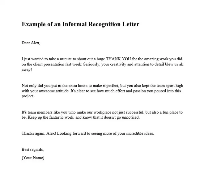 Recognition Letter Example - Example of an Informal Recognition Letter