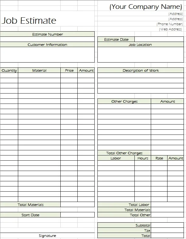 Free Estimate Template Forms 06